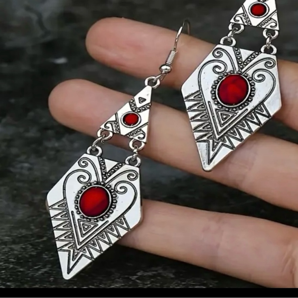 NWOT - Artisan Silver and Red Tribal Earrings